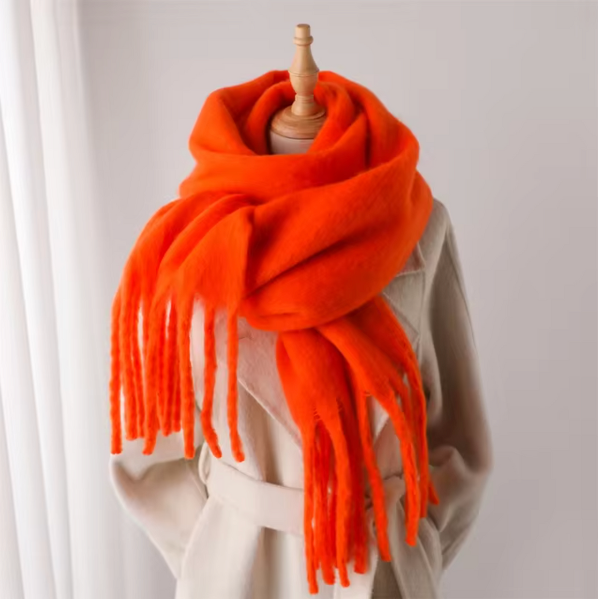 Cashmere-Feel Winter Scarf — Soft Oversized Fringed Wrap for Women in Orange