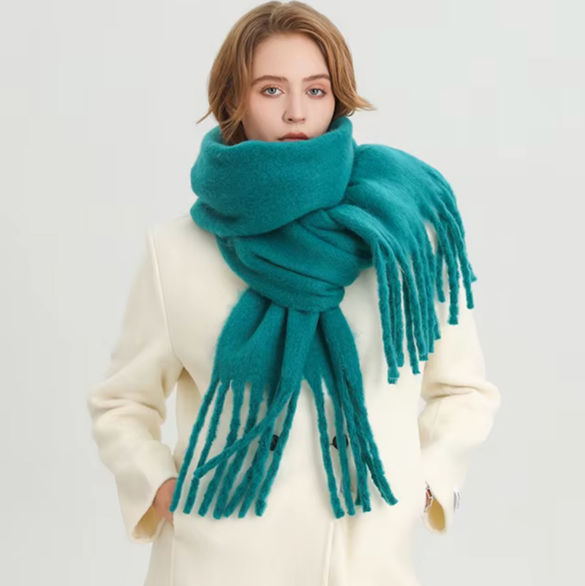 Cashmere-Feel Winter Scarf — Soft Oversized Fringed Wrap for Women in Turquoise