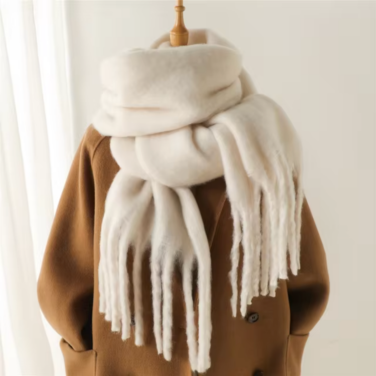 Cashmere-Feel Winter Scarf — Soft Oversized Fringed Wrap for Women in White