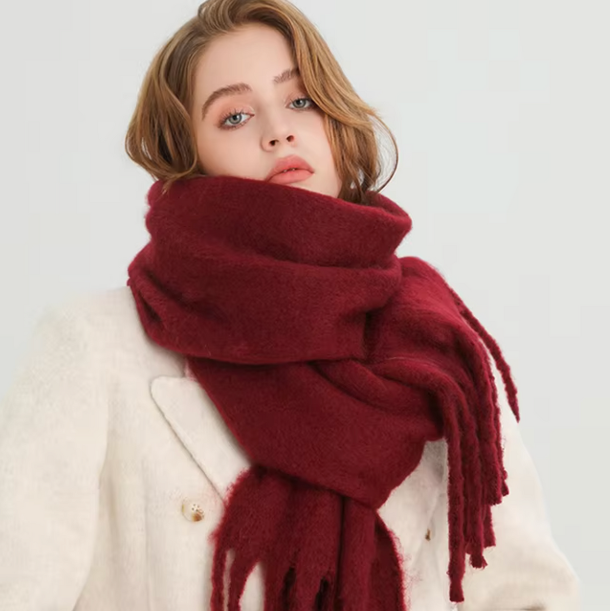 Cashmere-Feel Winter Scarf — Soft Oversized Fringed Wrap for Women in Wine red