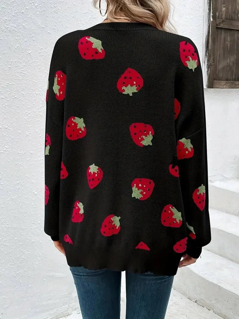 Strawberry Knit Cardigan — Oversized Button-Front Women's 10
