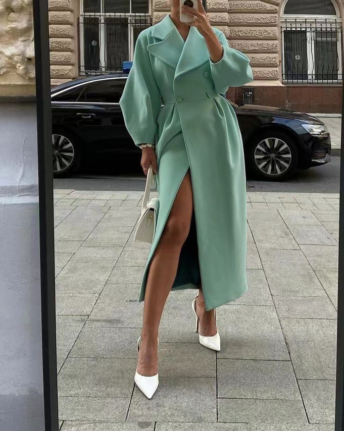 Women's Wool Maxi Coat — Puff Sleeves & Wide Lapels 2