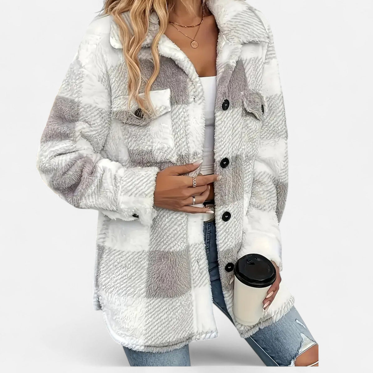 Women's Relaxed Sherpa Jacket — Checkered Button Closure 10