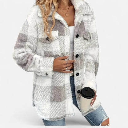 Women's Relaxed Sherpa Jacket — Checkered Button Closure 10
