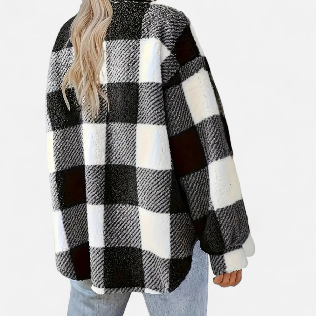 Women's Relaxed Sherpa Jacket — Checkered Button Closure 11