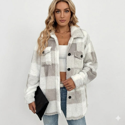 Women's Relaxed Sherpa Jacket — Checkered Button Closure 1