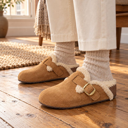 Fleece-Lined Suede Clog Mules — Closed-Toe Slip-On Slippers 1
