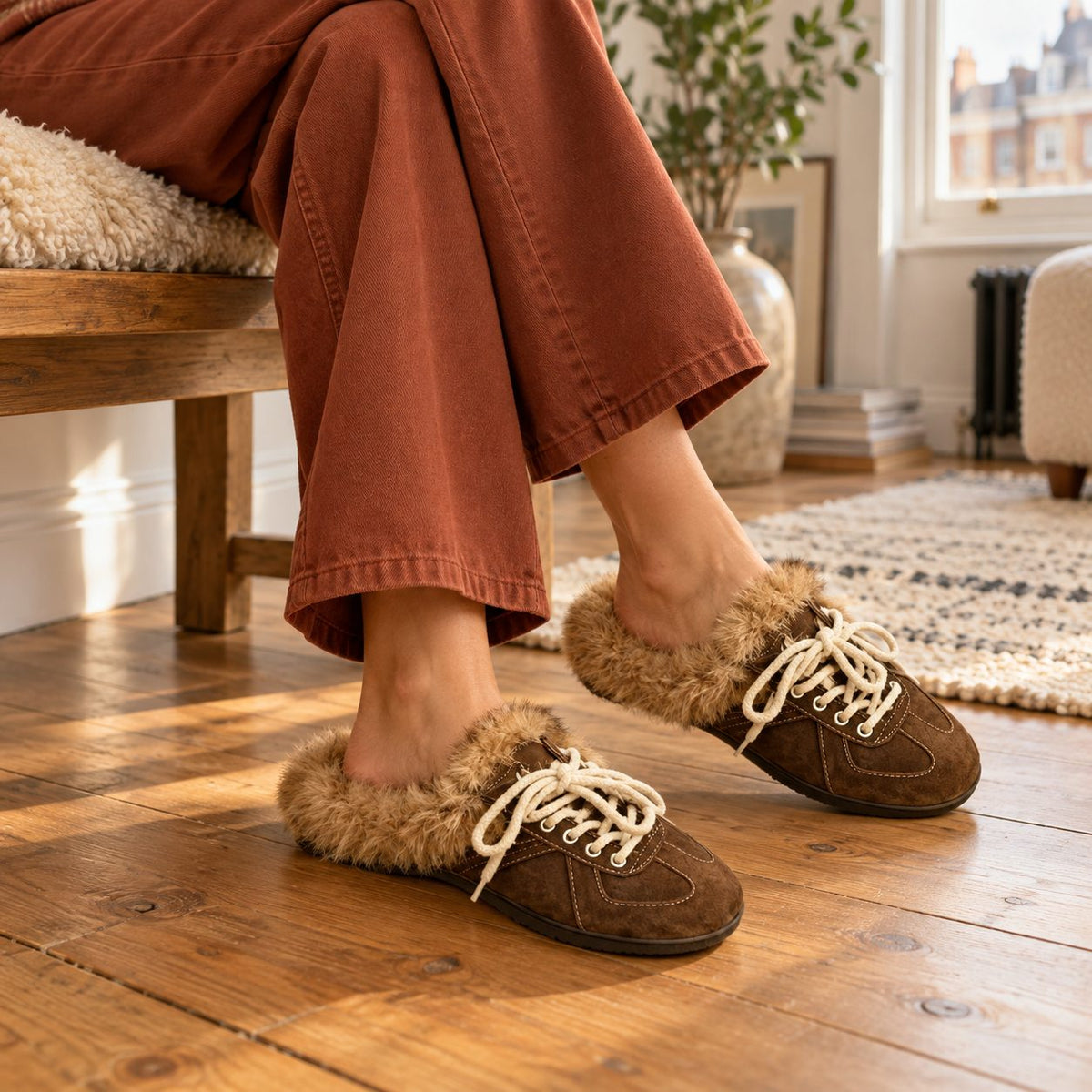 Fleece-Lined Mule Slippers for Women — Faux Fur Trim 1