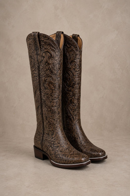 Women's Tall Tooled Western Boots — Square Toe Faux Leather