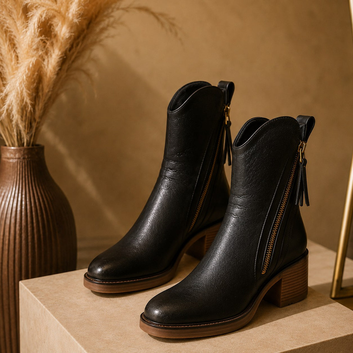 Women's Faux Leather Zip Ankle Boots — Classic High Heel