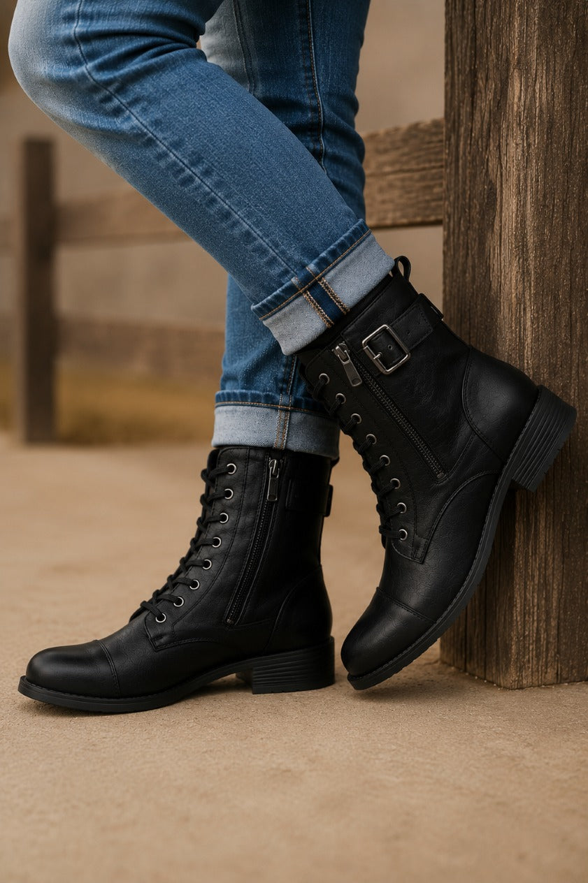 Women's Faux Leather Lace-Up Boots with Side Zipper