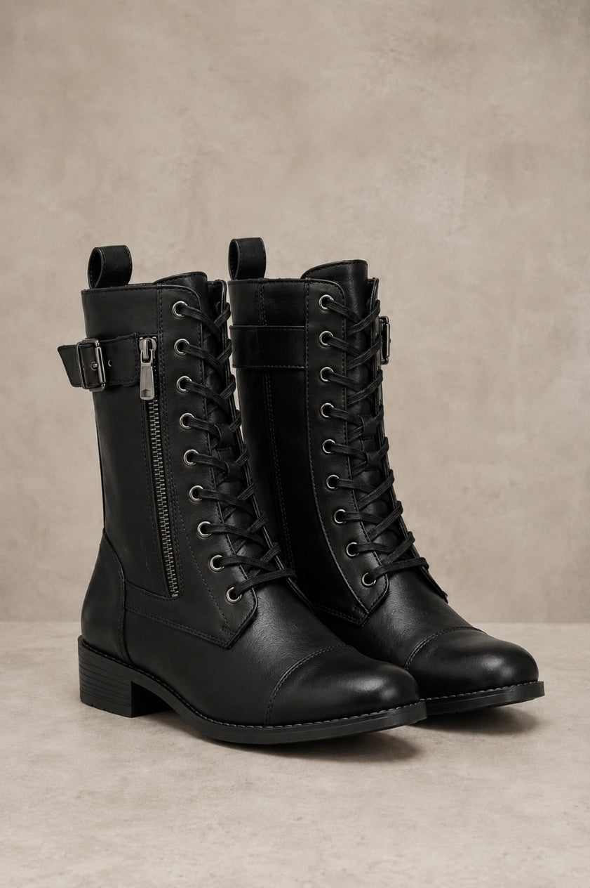 Women's Faux Leather Lace-Up Boots with Side Zipper