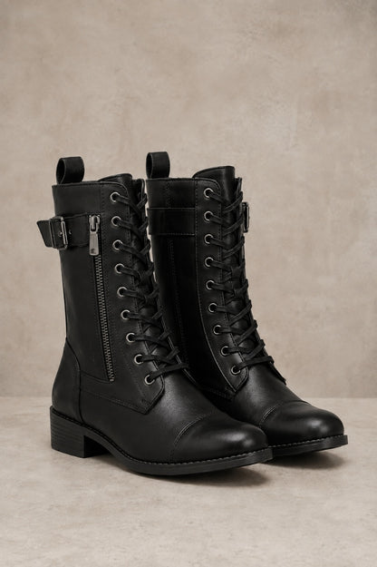 Women's Faux Leather Lace-Up Boots with Side Zipper