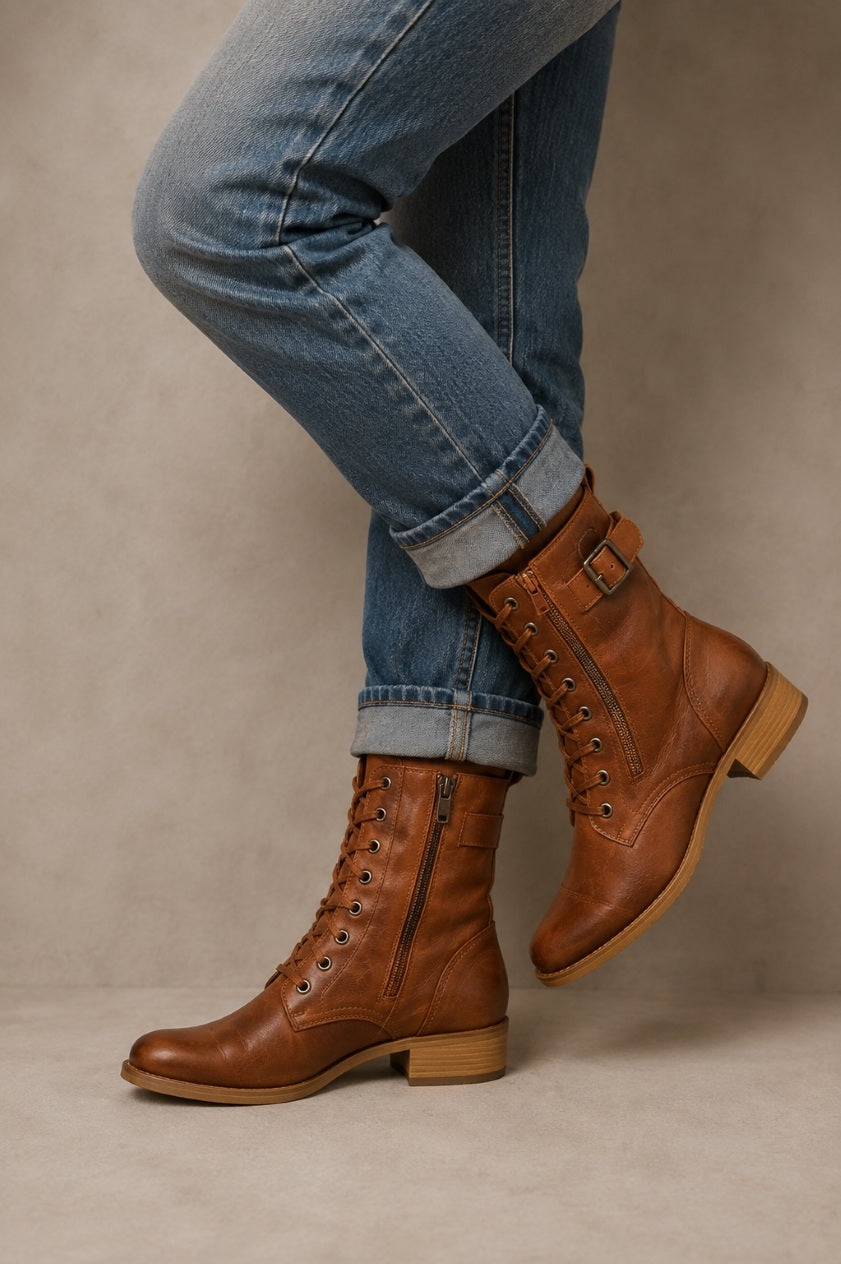 Women's Faux Leather Lace-Up Boots with Side Zipper