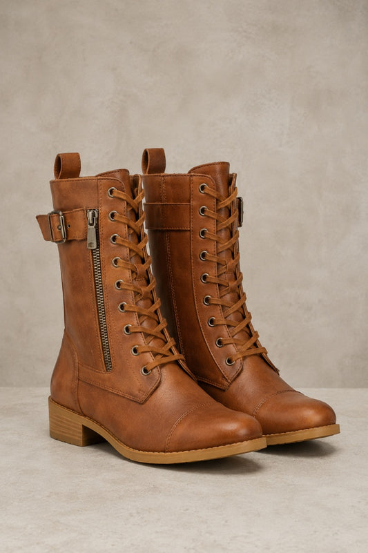 Women's Faux Leather Lace-Up Boots with Side Zipper