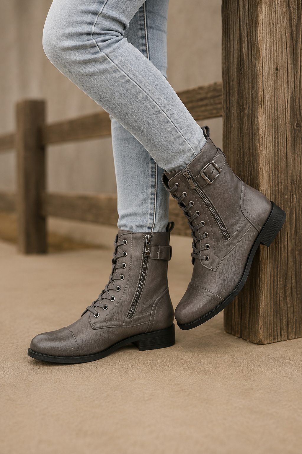 Women's Faux Leather Lace-Up Boots with Side Zipper