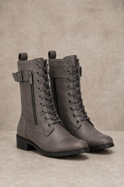 Women's Faux Leather Lace-Up Boots with Side Zipper
