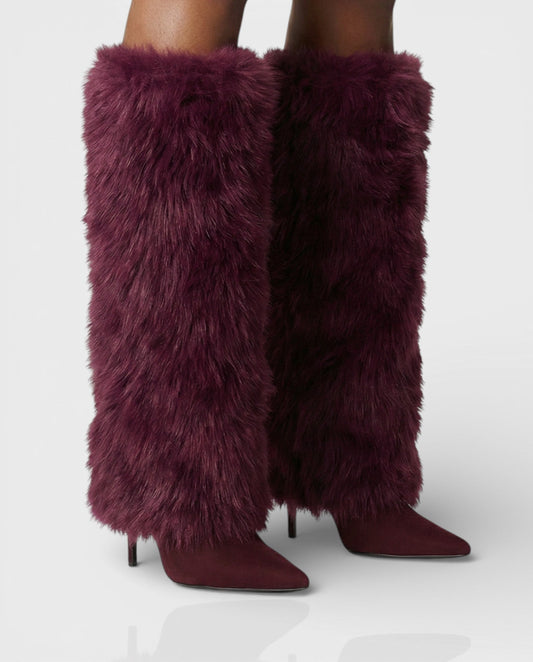 Faux Fur Knee High Boots — Stiletto Pointed Toe Women 1