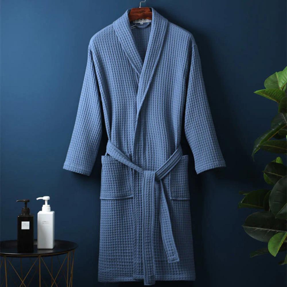 Waffle Cotton Bathrobe V-Neck — Lightweight Breathable Robe 8
