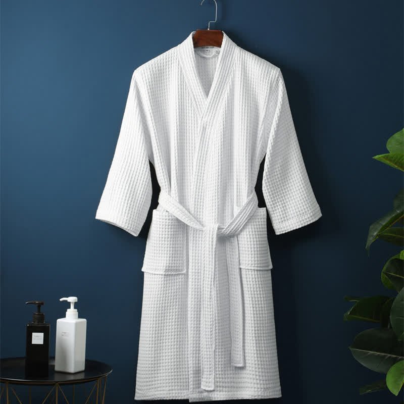 Waffle Cotton Bathrobe V-Neck — Lightweight Breathable Robe 10