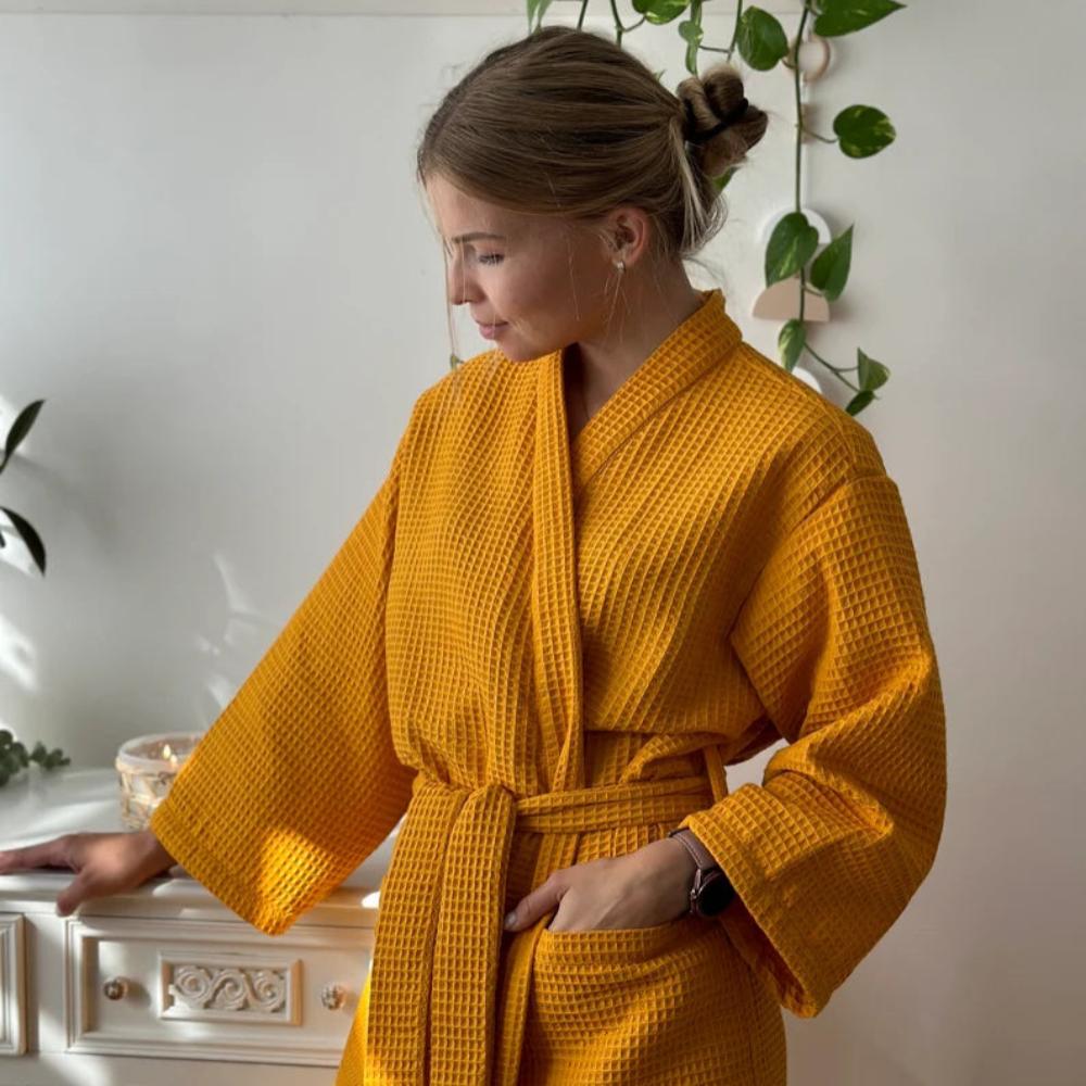 Waffle Cotton Bathrobe V-Neck — Lightweight Breathable Robe 2