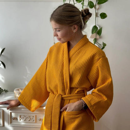 Waffle Cotton Bathrobe V-Neck — Lightweight Breathable Robe 2