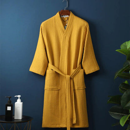 Waffle Cotton Bathrobe V-Neck — Lightweight Breathable Robe 7