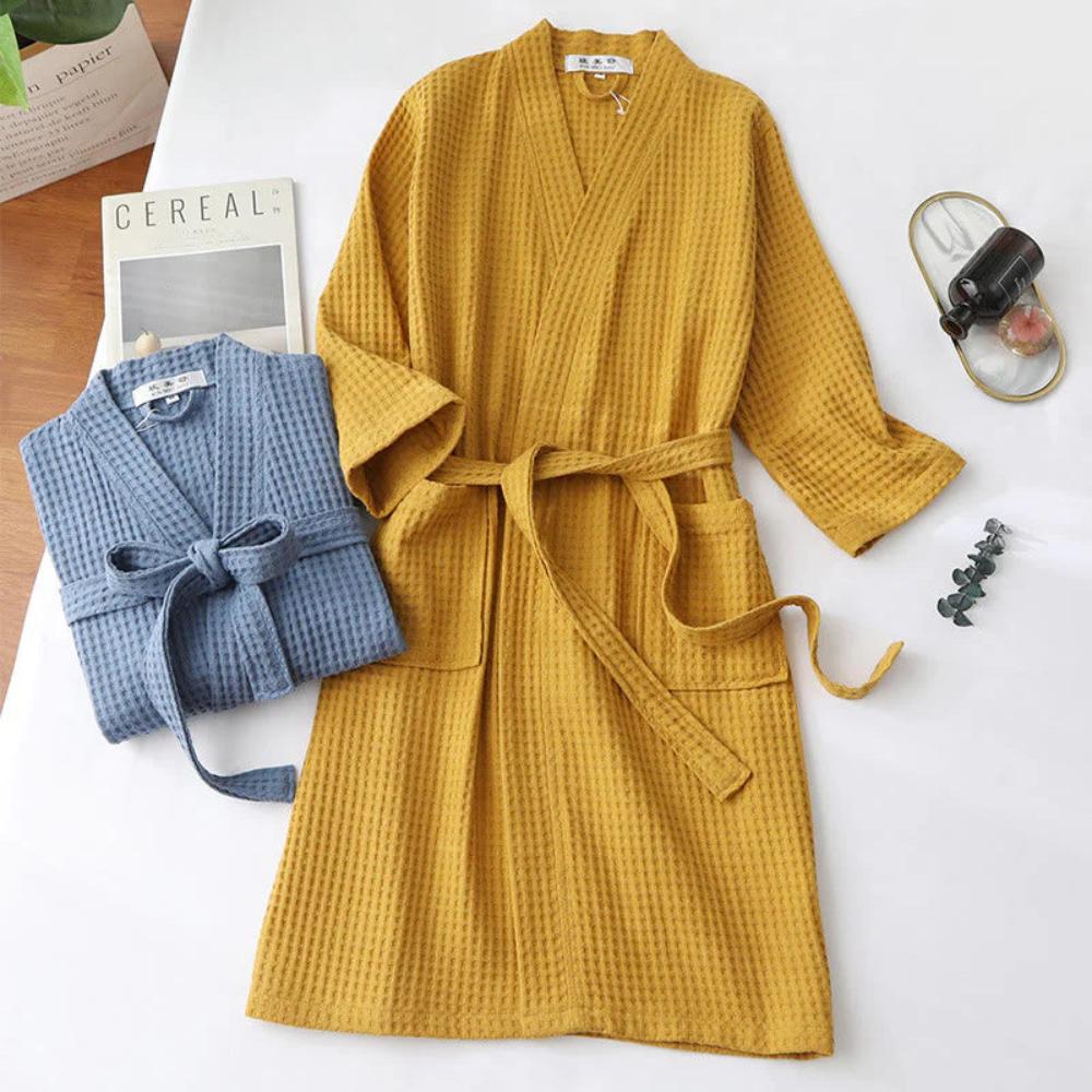 Waffle Cotton Bathrobe V-Neck — Lightweight Breathable Robe 4