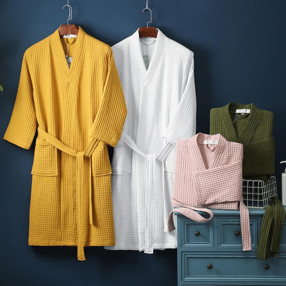 Waffle Cotton Bathrobe V-Neck — Lightweight Breathable Robe 6