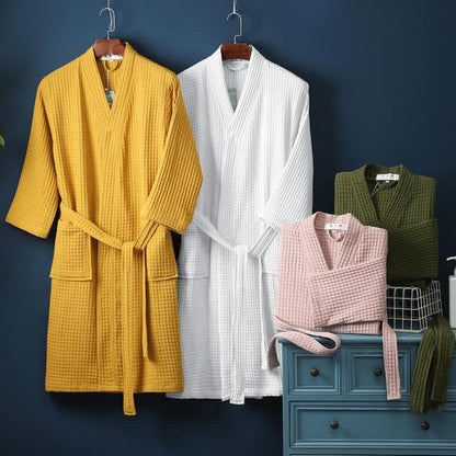 Waffle Cotton Bathrobe V-Neck — Lightweight Breathable Robe 6