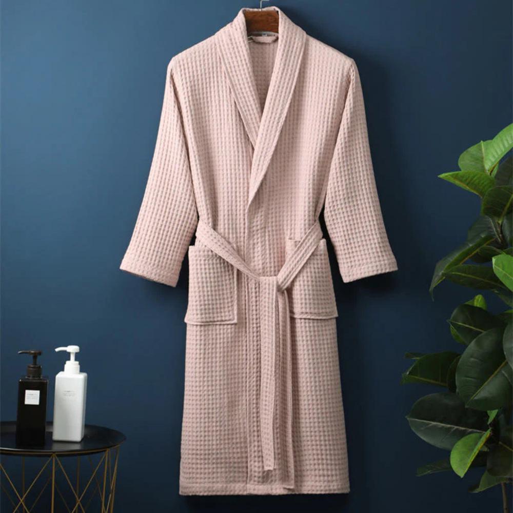 Waffle Cotton Bathrobe V-Neck — Lightweight Breathable Robe 5