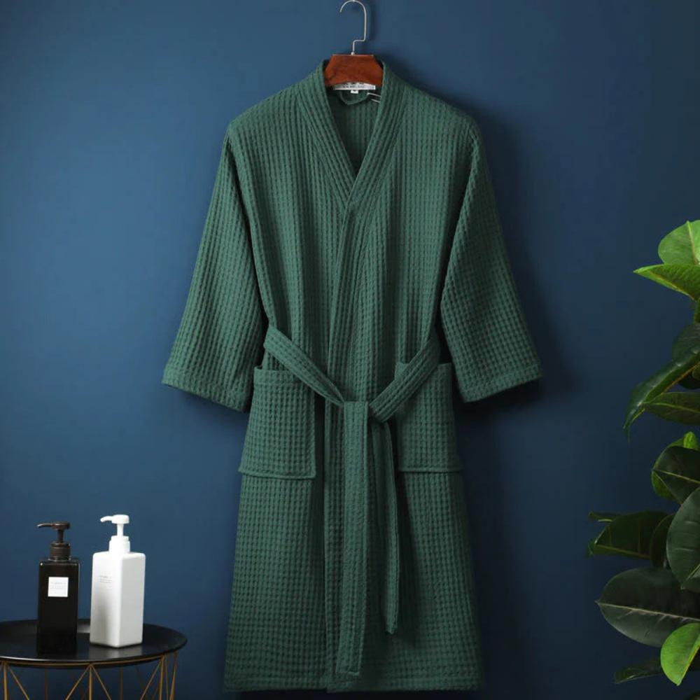 Waffle Cotton Bathrobe V-Neck — Lightweight Breathable Robe 9