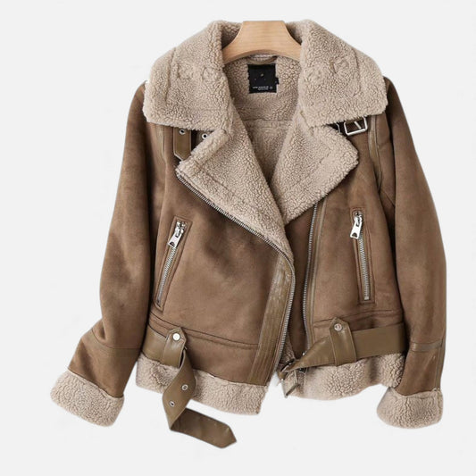 Women's Suede Lambswool Moto Jacket — Lapel Winter Coat 1