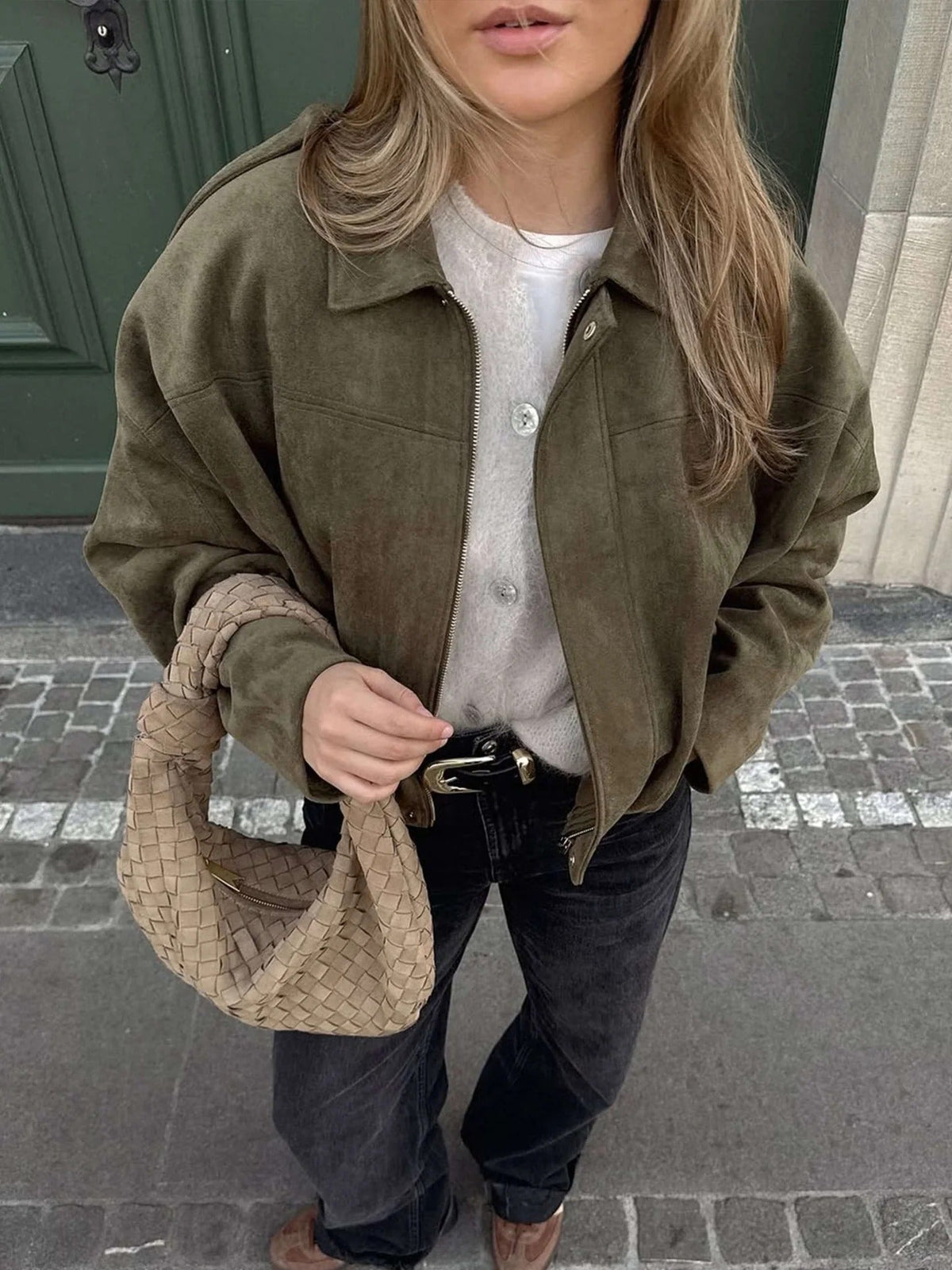 Women's Faux Suede Bomber Jacket — Fold-Over Collar 11