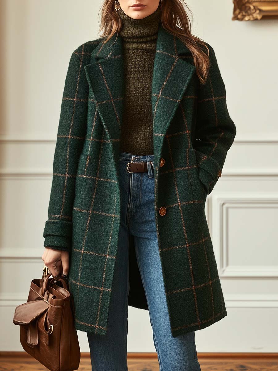Cassia Wool-Blend Check Coat — Lapel Collar Structured Fit 1