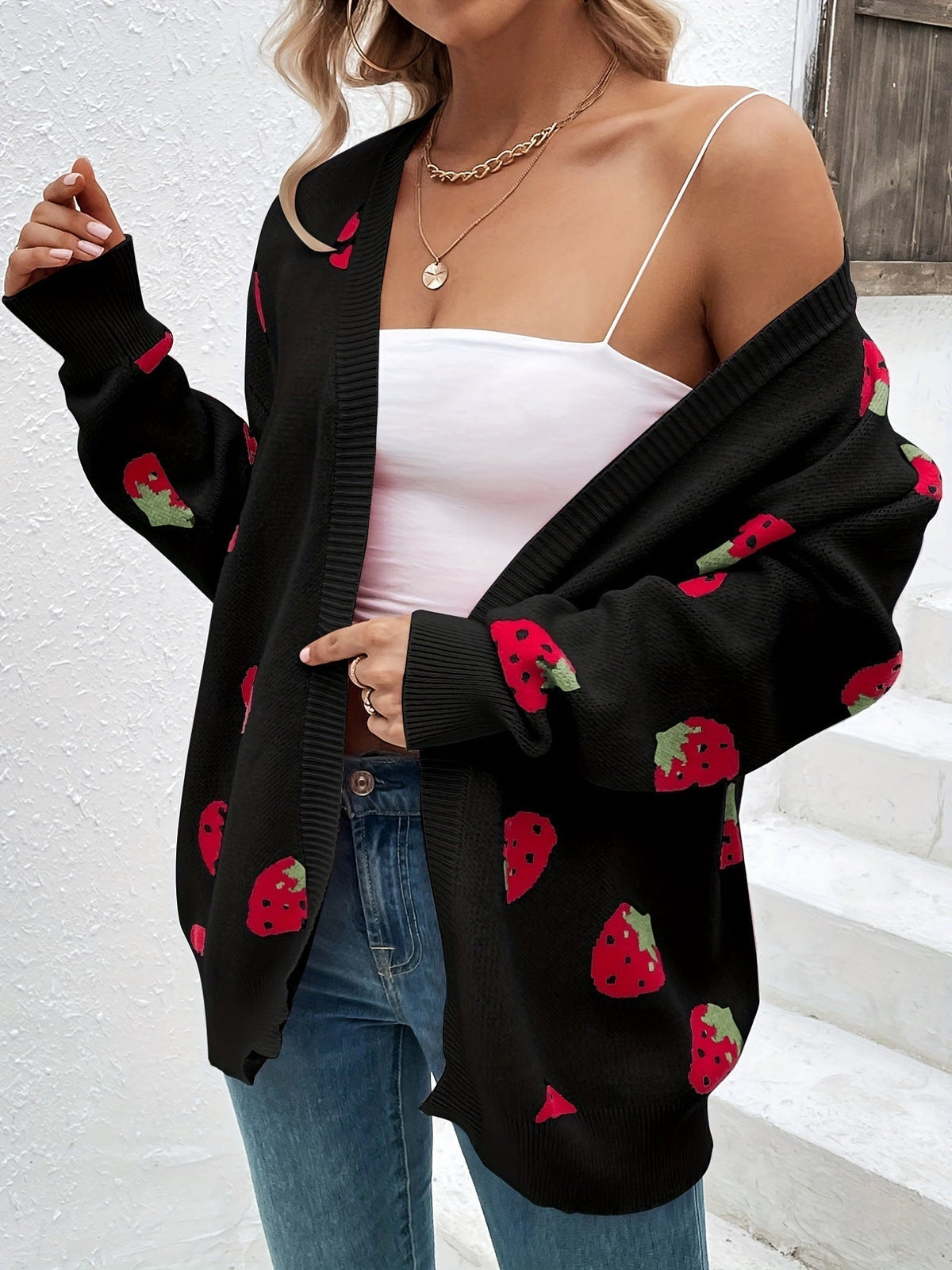 Strawberry Knit Cardigan — Oversized Button-Front Women's 8