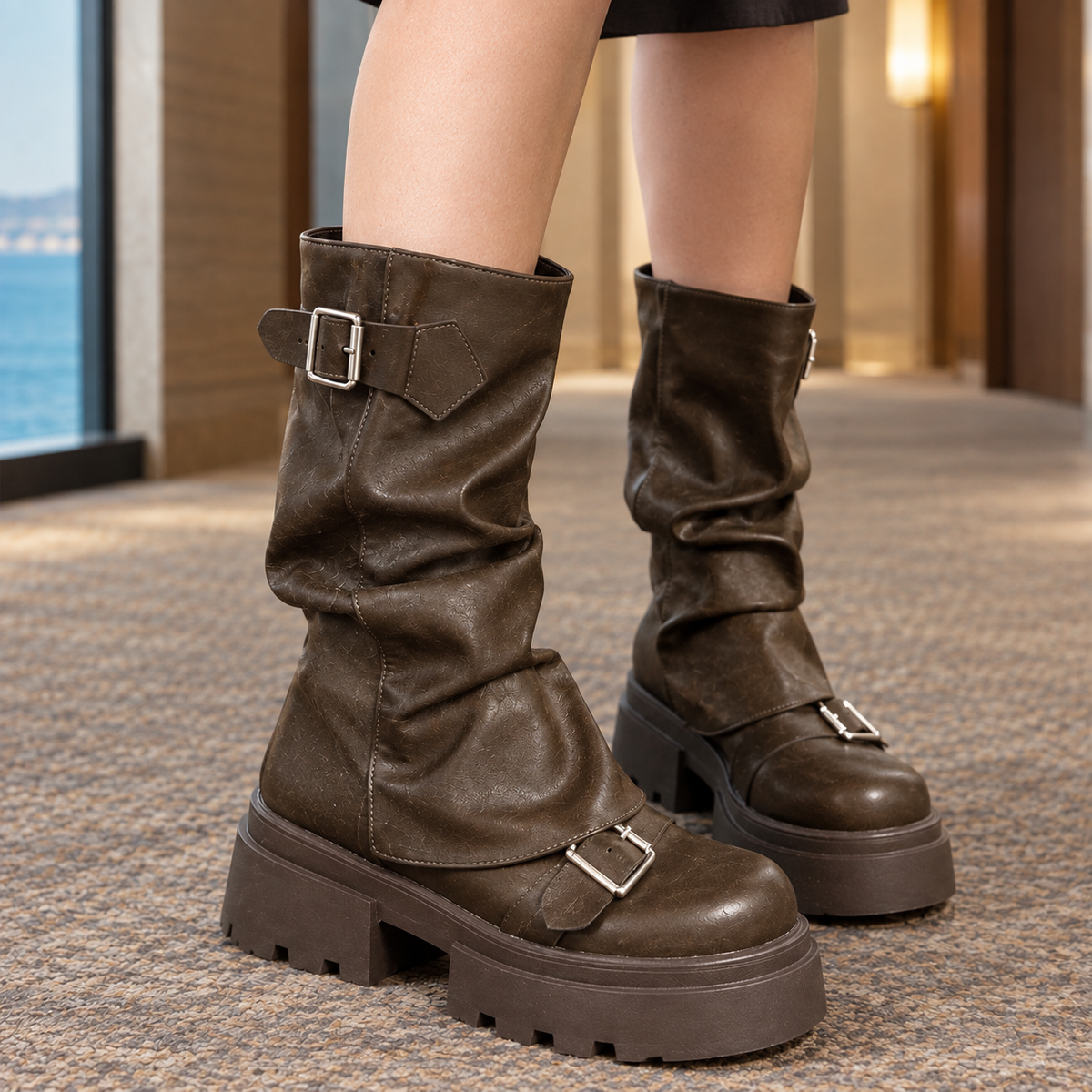 Noelle Women's Leather Platform Boots — Chunky Sole & Buckle Straps — view 1