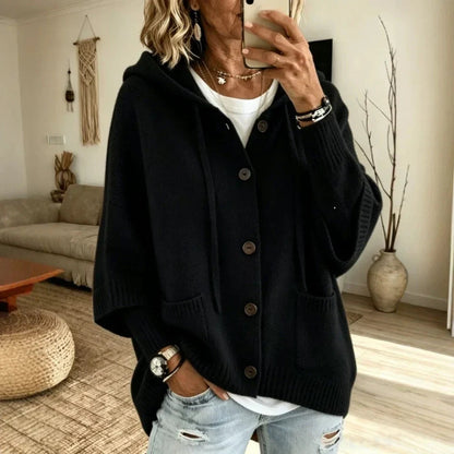 Ophelia Women's Hooded Cardigan Sweater — Oversized Batwing Knit in Black