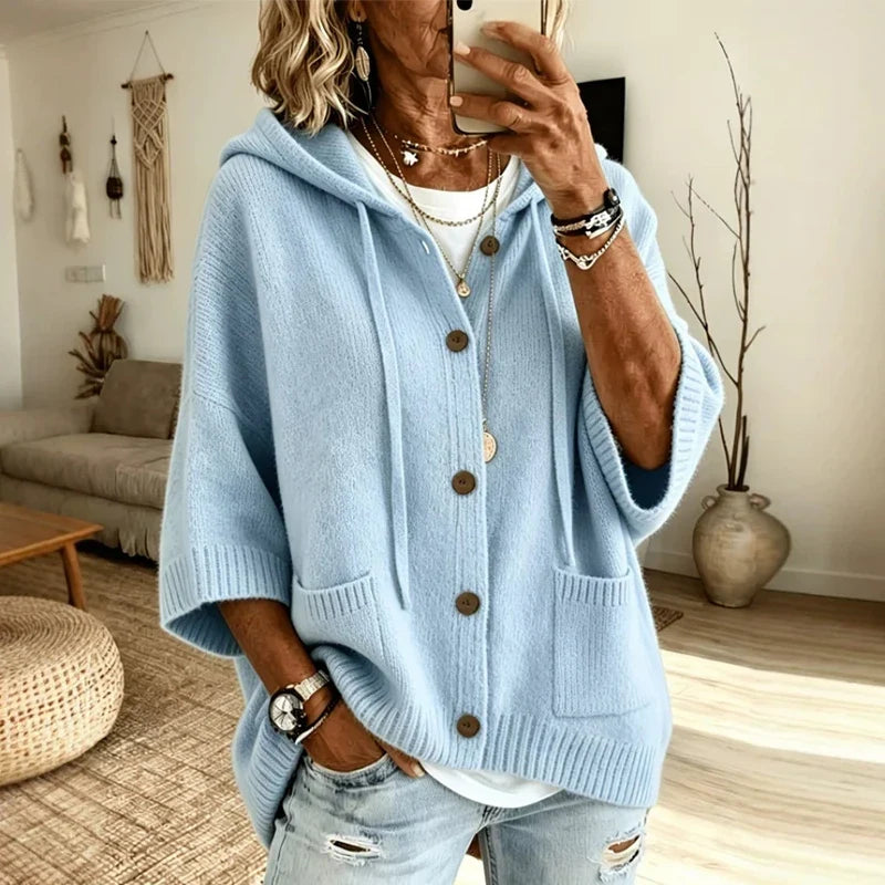 Ophelia Women's Hooded Cardigan Sweater — Oversized Batwing Knit in Blue