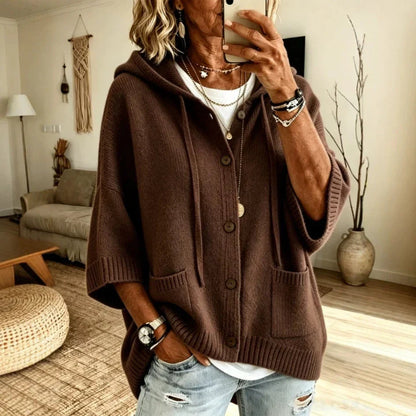Ophelia Women's Hooded Cardigan Sweater — Oversized Batwing Knit in Brown