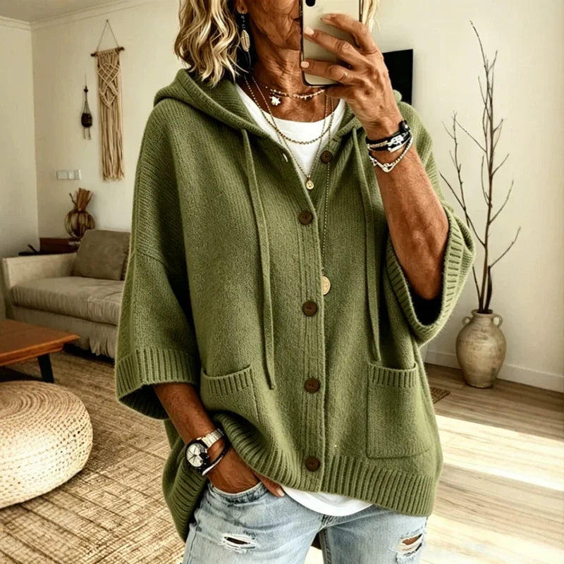 Ophelia Women's Hooded Cardigan Sweater — Oversized Batwing Knit in Green