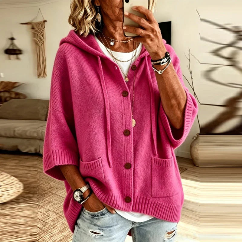 Ophelia Women's Hooded Cardigan Sweater — Oversized Batwing Knit in Hot Pink