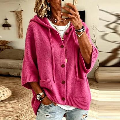 Ophelia Women's Hooded Cardigan Sweater — Oversized Batwing Knit in Hot Pink