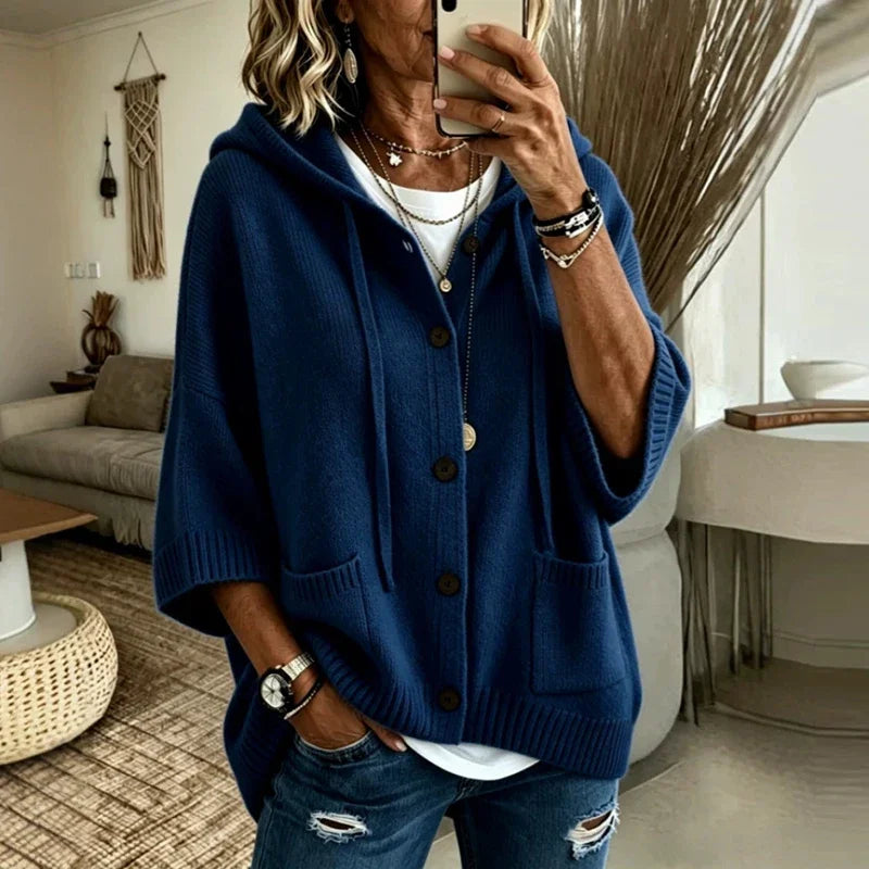 Ophelia Women's Hooded Cardigan Sweater — Oversized Batwing Knit in Navy