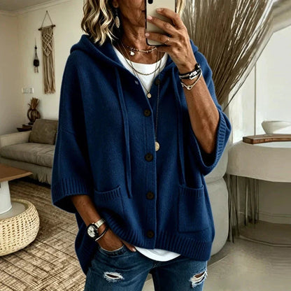 Ophelia Women's Hooded Cardigan Sweater — Oversized Batwing Knit in Navy