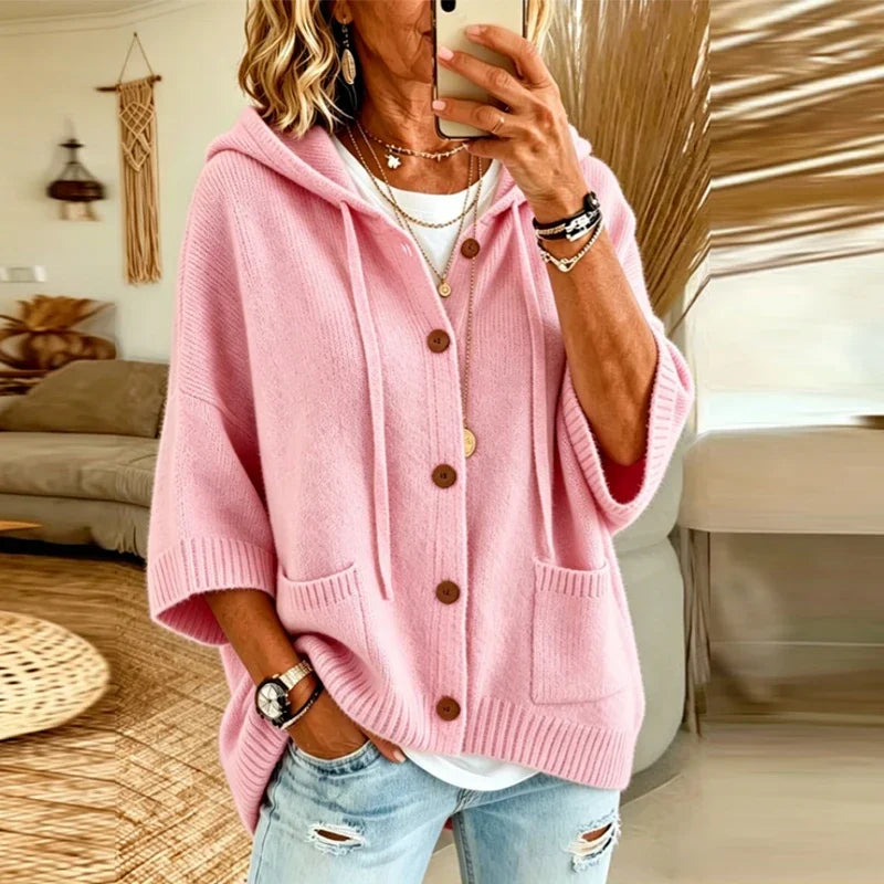Ophelia Women's Hooded Cardigan Sweater — Oversized Batwing Knit in Pink