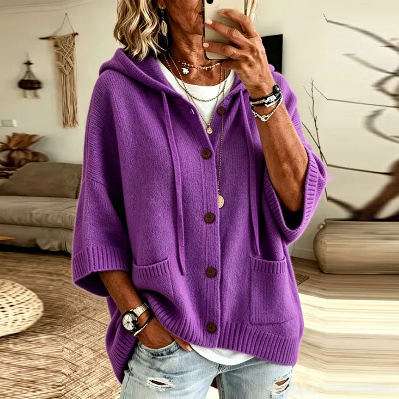 Ophelia Women's Hooded Cardigan Sweater — Oversized Batwing Knit in Purple