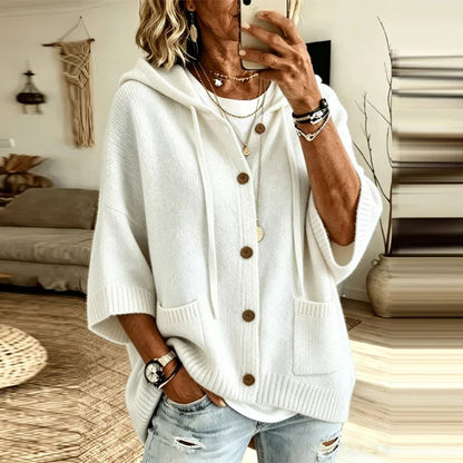 Ophelia Women's Hooded Cardigan Sweater — Oversized Batwing Knit in White
