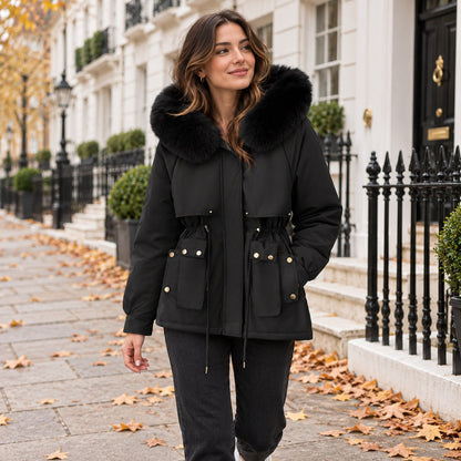 Short Parka Jacket with Detachable Faux Fur Hood & Padded Lining in Black