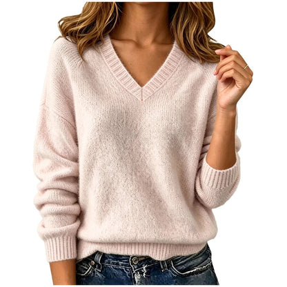 Palmer Women's Relaxed V-Neck Sweater — Oversized Drop Shoulder Knit in Beige